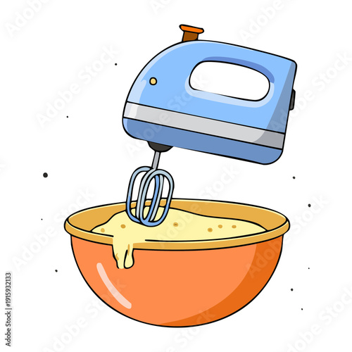 Electric hand mixer whisking batter in a blue bowl for baking delicious homemade cakes and pastries - Vector Illustration