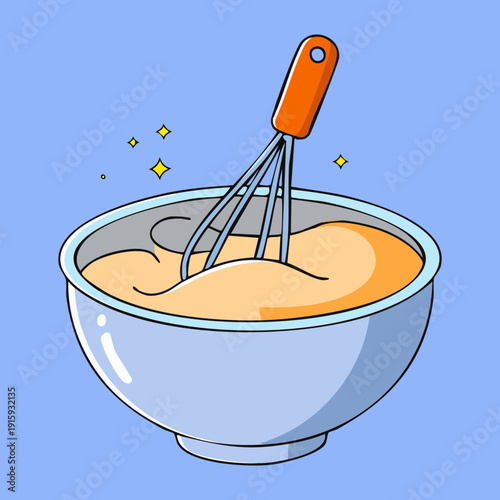 Manual whisking of batter in a blue bowl for traditional baking and preparing sweet desserts - Vector Illustration