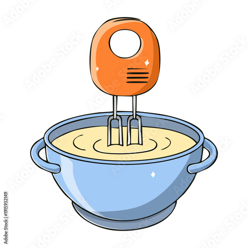 Electric hand mixer for blending ingredients in a blue bowl for professional pastry making tasks - Vector Illustration