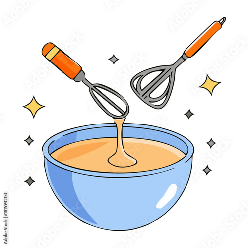 Double whisks mixing batter in a blue bowl for efficient and quick baking preparation tasks - Vector Illustration