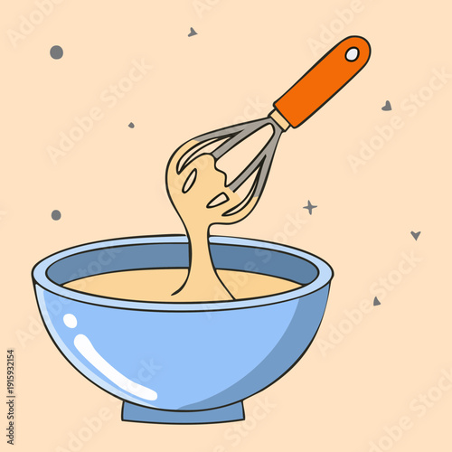 Whisking cream or batter in a blue bowl for making delicious gourmet desserts and sweets - Vector Illustration
