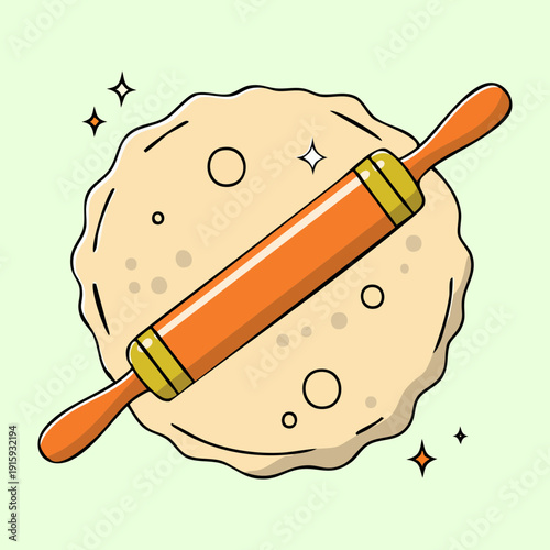 Flattening dough with wooden rolling pin on green background for creative baking and pastry design - Vector Illustration