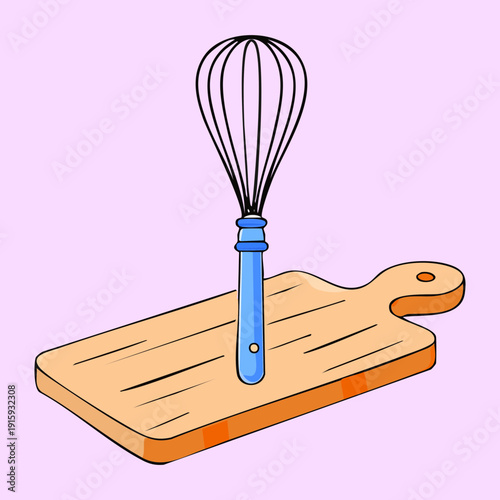Handheld wire whisk standing vertically on a wooden cutting board for kitchen utensil display - Vector Illustration