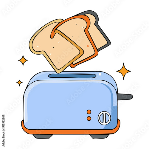 Classic light blue toaster with bread slices being toasted for a healthy morning sandwich - Vector Illustration