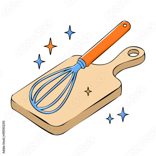 Professional wire whisk placed on a rectangular wooden chopping board for food preparation steps - Vector Illustration