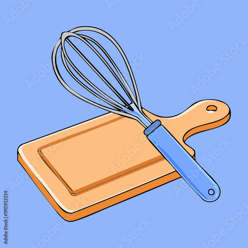Blue handle wire whisk lying on a wooden board ready for mixing ingredients together - Vector Illustration