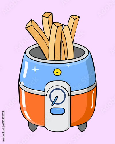 Blue air fryer machine cooking crispy french fries for a quick and tasty snack - Vector Illustration
