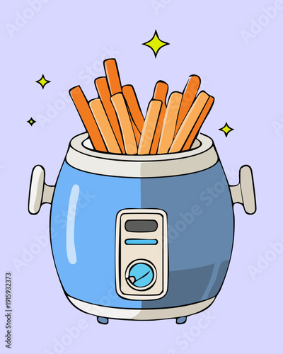 Blue electric fryer cooking potato sticks for a delicious salty snack at home kitchen - Vector Illustration