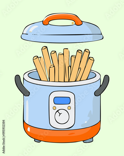 Modern air fryer appliance with a basket of crispy french fries for oil-free cooking - Vector Illustration