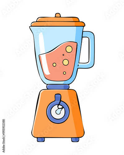 Orange kitchen blender with a clear glass jar for making healthy fruit smoothies daily - Vector Illustration