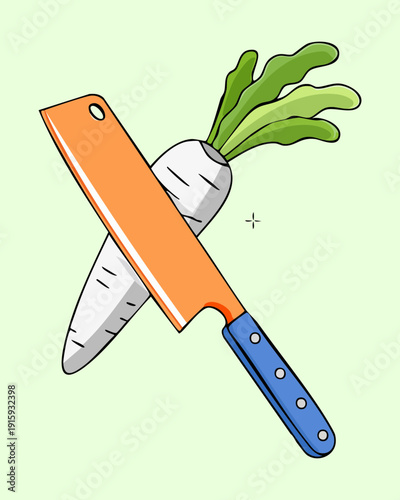 Sharp kitchen knife cutting a fresh white radish on a white surface for salad - Vector Illustration