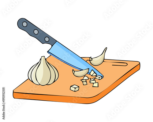 Chopping garlic cloves with a blue kitchen knife on a wooden board for flavor seasoning - Vector Illustration