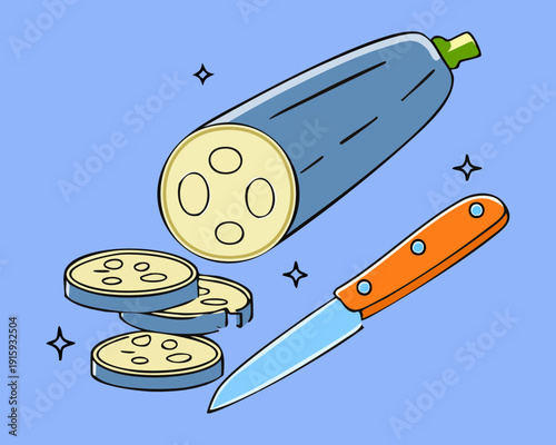 Slicing a green zucchini or eggplant into round pieces using a blue kitchen knife - Vector Illustration