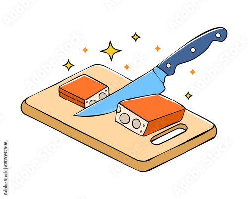 Cutting blocks of cheese or tofu on a wooden board using a sharp blue knife - Vector Illustration