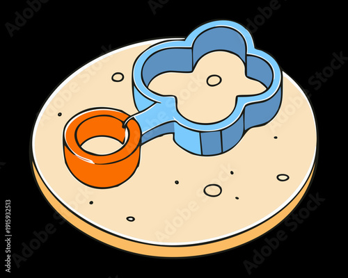 Blue and orange cookie cutters on a board for making decorative biscuits and snacks - Vector Illustration