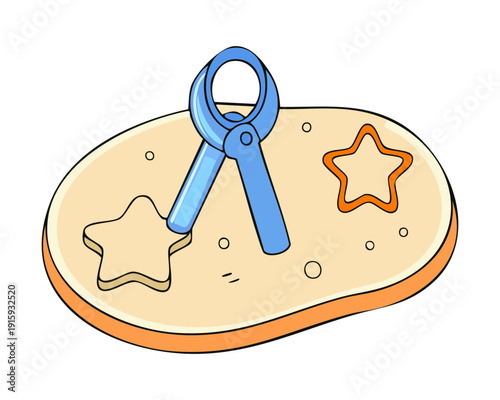 Plastic cookie cutters in star and circle shapes on a wooden board for baking fun - Vector Illustration
