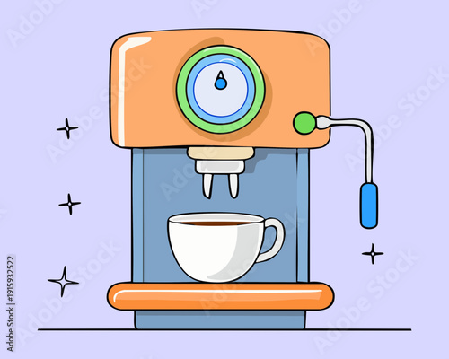 Modern coffee machine brewing a fresh cup of espresso in a blue kitchen setting - Vector Illustration