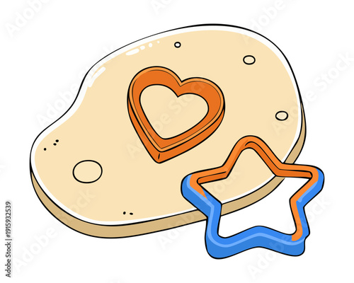 Rolling out dough with a wooden pin and star shaped cutters for homemade cookies - Vector Illustration
