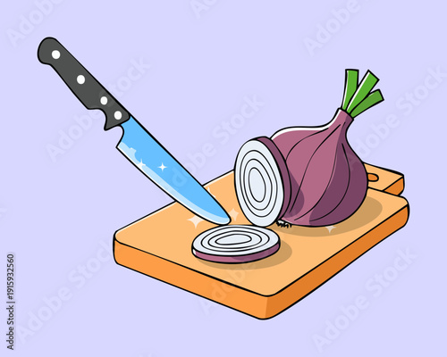 Slicing a small red onion on a wooden board for seasoning a savory meal - Vector Illustration