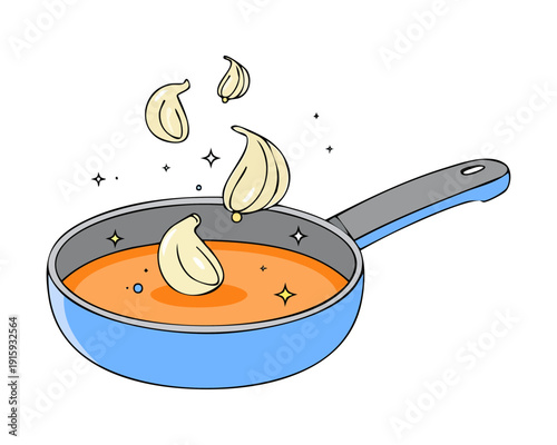 Frying garlic cloves in a blue pan for a tasty and aromatic dinner dish - Vector Illustration