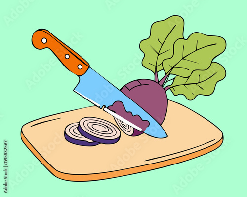 Slicing a red beet or onion on a wooden board for a healthy salad - Vector Illustration