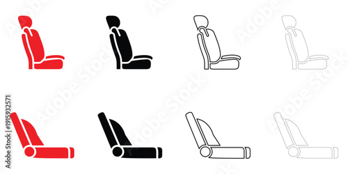 car seat with headrest icon vector, relaxing car seat symbol vector, silhouette and line art illustration