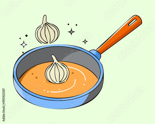 Sautéing a whole onion in a blue pan for a savory base of soup - Vector Illustration
