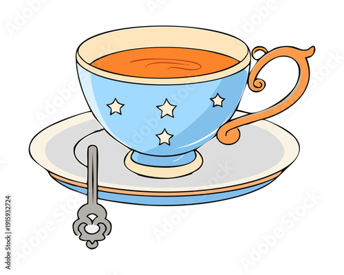 Elegant blue tea cup with a decorative saucer and a metal spoon for guests - Vector Illustration