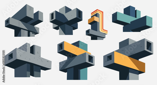 Abstract Geometric Shapes, 3D Rendered Intersecting Blocks, Minimalist Design Elements