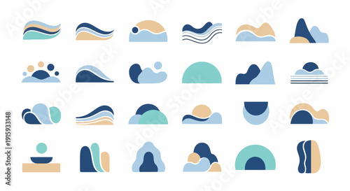 Abstract Organic Shapes and Wavy Lines, Minimalist Landscape Elements, Blue and Beige