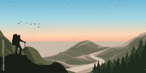 Hiker Standing on Mountain Cliff at Sunrise with Scenic Valley Landscape Vector Illustration