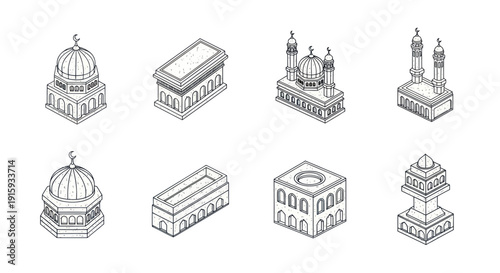 Isometric detailed line art of various Islamic architecture elements including mosques, domes, minarets, and traditional buildings, perfect for cultural design projects
