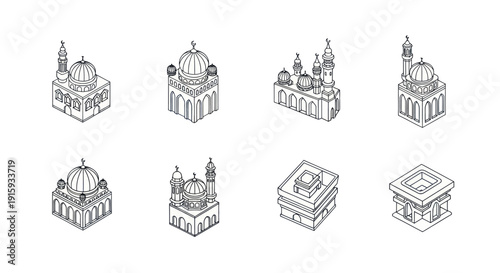 Isometric line art mosque icons set with crescent moon domes and minarets, Islamic architecture symbols perfect for design and cultural projects