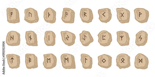 Set of hand drawn viking runes Rune stones with ancient norse alphabet characters engraved on them Scandinavian futhark germanic celtic Single element for design, print, web, decor