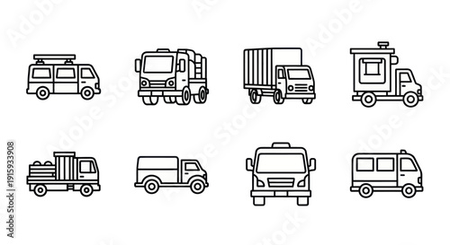 Set of black line art delivery and utility truck icons in multiple styles isolated on white background, ideal for logistics and transportation projects