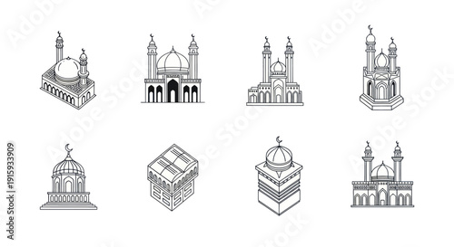 Set of black and white mosque icons with domes and minarets, Islamic architecture vector illustrations for religious and cultural design projects