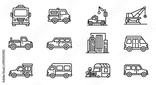 Set of black line transportation and construction icons including bus, truck, crane, van, city buildings, and camper in simple outline style