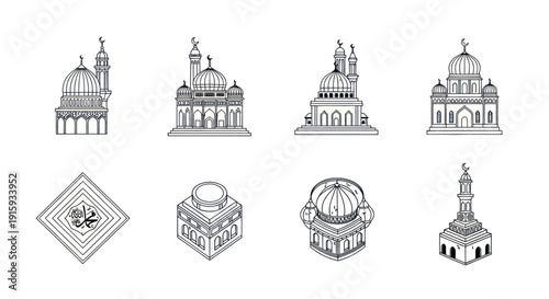 Set of detailed black and white mosque and Islamic architecture sketches with crescent moon symbols, perfect for religious or cultural design projects