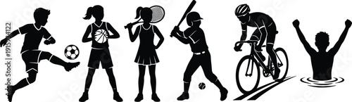 Kids Sports Silhouettes Vector Illustration, Children Playing Soccer Basketball Tennis Baseball Cycling Swimming, Black and White Active Youth Collection Design