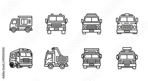Set of simple black and white line art trucks icons including camper, tow truck, delivery and utility vehicles, perfect for transportation or logistics designs