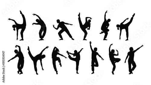 Silhouettes of diverse individuals performing various dance poses and styles isolated on white background, Vector