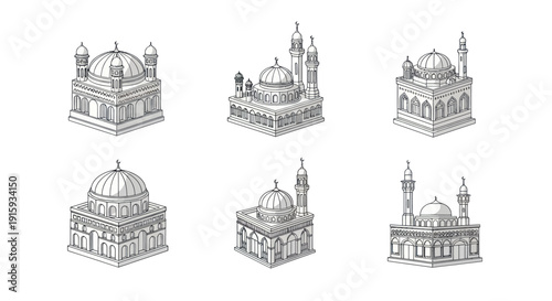 Set of six detailed mosque illustrations with domes and minarets in isometric view, ideal for religious or cultural design projects
