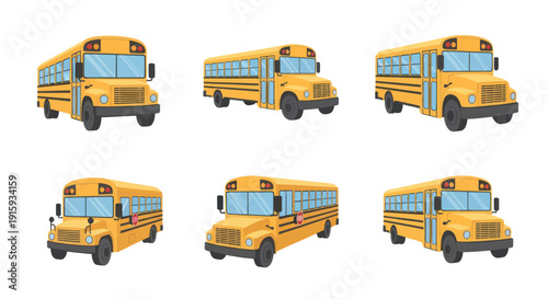 Set of six yellow school bus illustrations in different angles and perspectives, ideal for educational materials and transportation themes