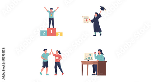 Success and achievement concept with winner on podium, graduate holding diploma, team celebrating, and woman analyzing data at desk, ideal for education and business use