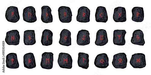 Set of hand drawn viking runes Rune stones with ancient norse alphabet characters engraved on them Scandinavian futhark germanic celtic Single element for design, print, web, decor