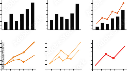 Collection of six different bar and line graphs with ascending data bar graph chart