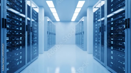 Moving through a modern data center server room with blinking lights and advanced technology.