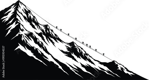Mountain Climbers Silhouettes Ascending Snowy Peak with Rope Extreme Adventure Mountaineering Illustration