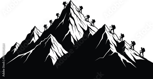 Mountain Climbing Silhouette Vector Illustration Hikers Ascending Peak Adventure Outdoor Expedition Concept Design