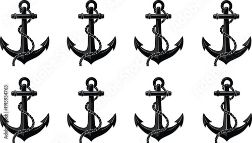 Nautical Anchor Silhouette Set with Rope Showing Marine and Maritime Symbol for Sailing, Ocean, and Sea Travel Illustration